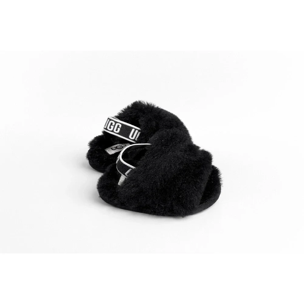UGG Fluff Yeah Slides Baby Size 0/1 Black Fluffy Shoe Elastic Logo Strap